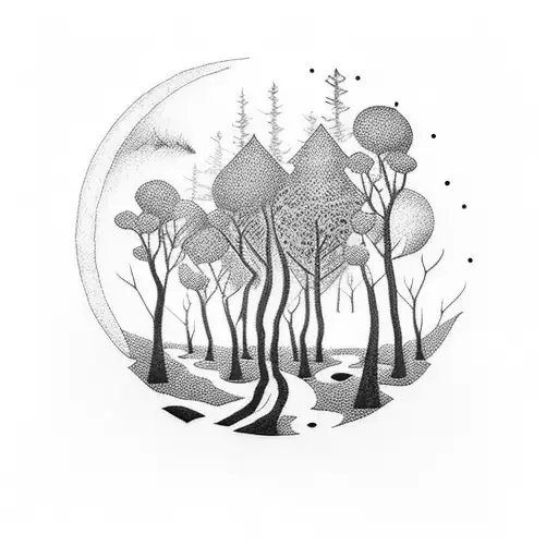 A Dotwork Tattoo Of A Moonlit Forest With Musical Instruments Hidden Among The Trees