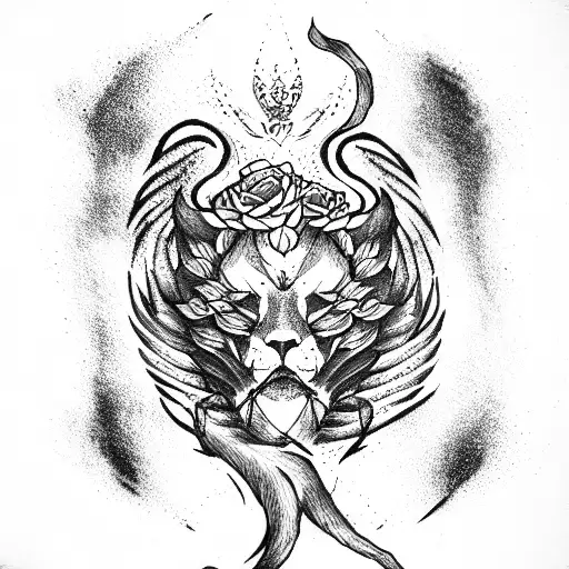 Phoenix And A Lion Scroll Together With Roses
