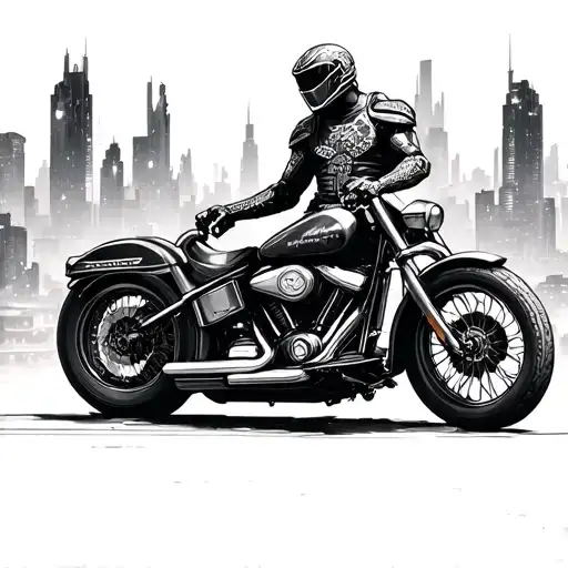 A Futuristic Warrior Riding A Harley Davidson Through A Cyberpunk Cityscape