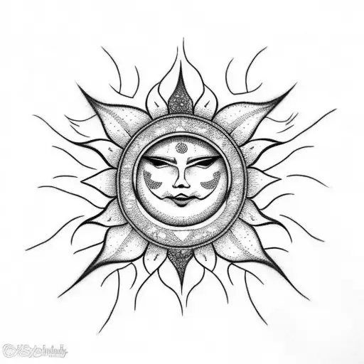 A Dotwork Tattoo Featuring A Sun Symbol With Intricate Patterns Representing Family And Wealth