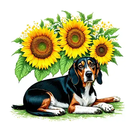 A Dreamy Scene Of A Coonhound Napping Under A Sunflower Canopy