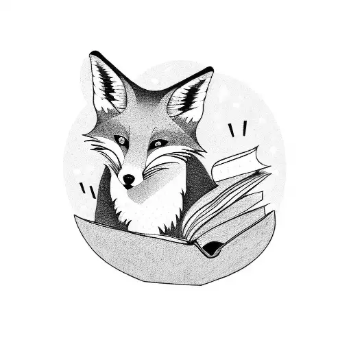 A Dotwork Tattoo Of A Fox Reading A Book While Sitting On A Pile Of Academic Papers