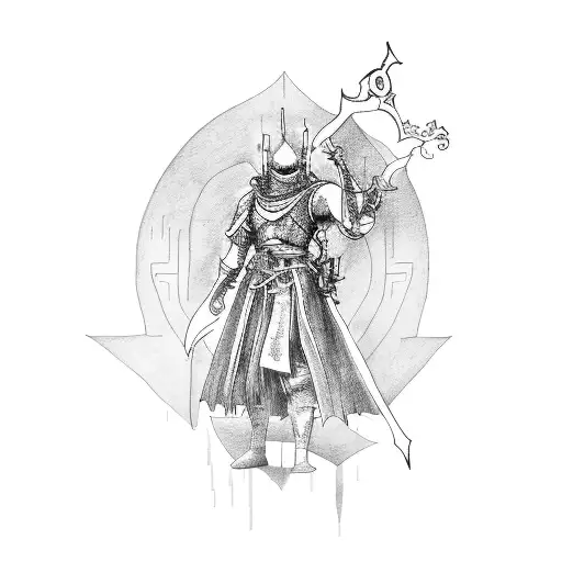 A Figure Drawing Of A Character From Dark Souls Holding A Coding Symbol