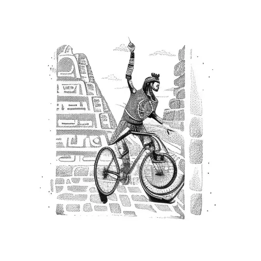 A Cyclist Riding Through An Aztec Temple