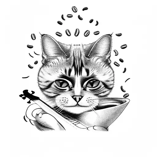 A Cat Playing A Guitar With Coffee Beans As The Sound Waves