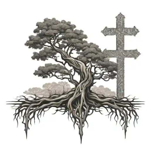A Family Tree With Roots Reaching To A Cross