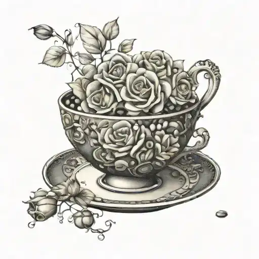 An Elegant Teacup Overflowing With Roses And Coffee Beans