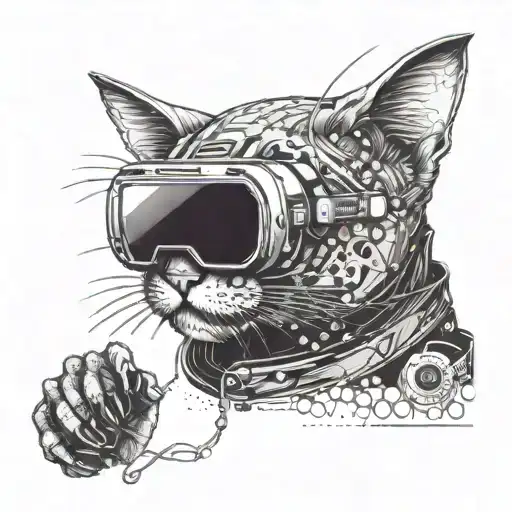 A Futuristic Cyberpunk Scene Of A Cat Hacker Navigating Through A Virtual Reality Game