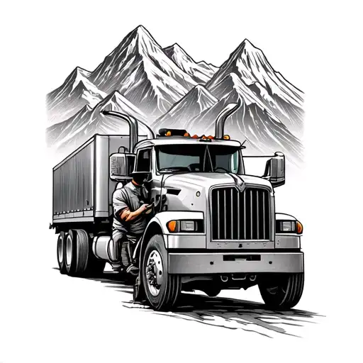 A Dotwork Tattoo Of A Diesel Mechanic Working On A Truck With A Mountain Range In The Background