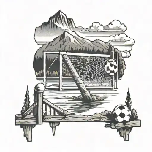 A Tattoo Of A Football Goal Post Set Against A Backdrop Of The Lake District Mountains