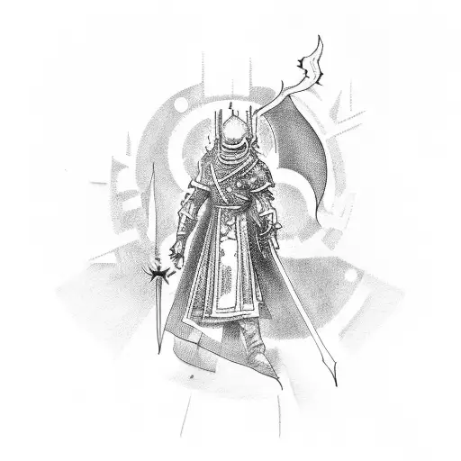 A Figure Drawing Of A Character From Dark Souls Holding A Coding Symbol