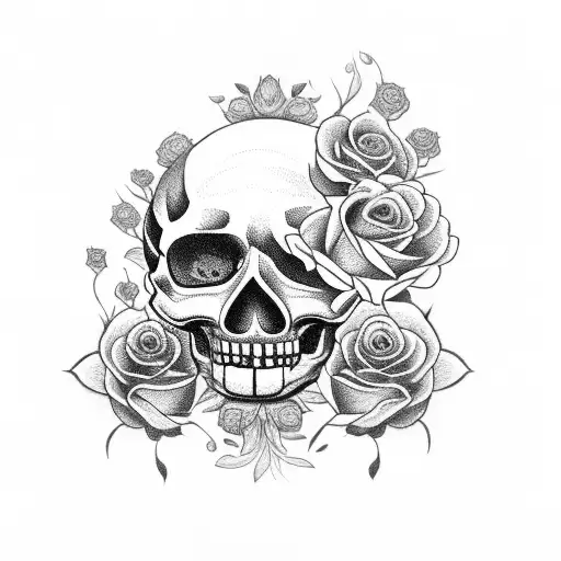 Mexican Skull With Roses And Marigolds