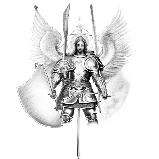 A Detailed Portrait Of Saint Michael With His Iconic Sword And Shield