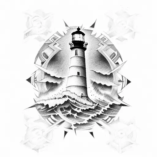 Light House With Skull And Compass Big Waves In Background