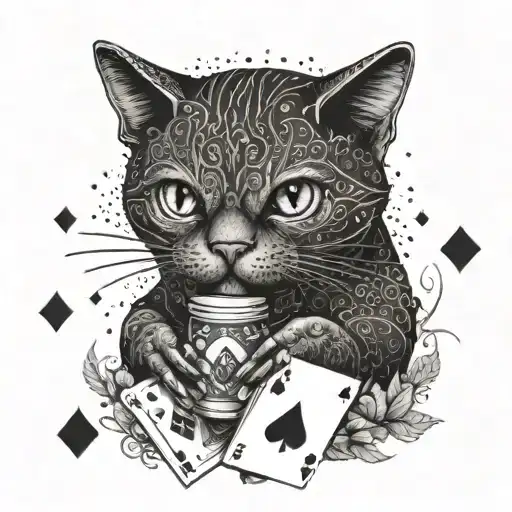 An Intricate Tattoo Of A Cat Playing A Card Game Under The Moonlight
