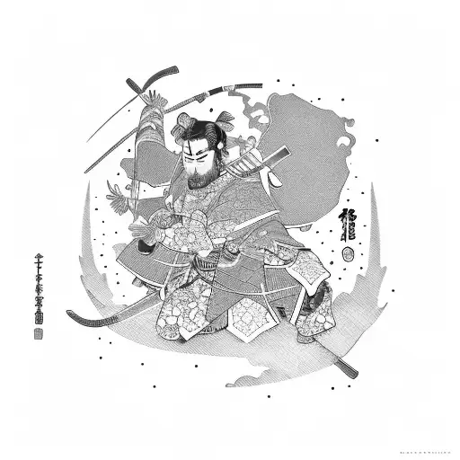 Sideways Samurai With Small Japanese Flowers Going Around Him