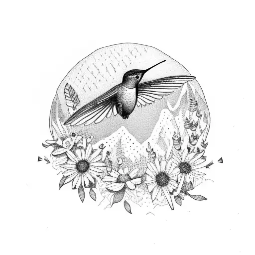 A Dotwork Tattoo Of A Hiking Boot Surrounded By Wildflowers And A Hummingbird In Flight