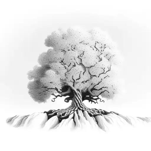 Robust Oak Tree Rooted In Rocky Terrain