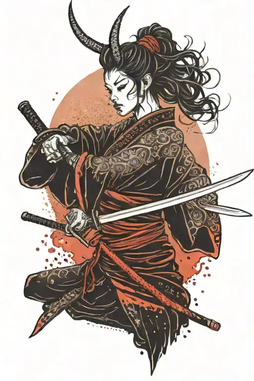 Beautiful Woman With Samurai Horns With A Katana In Her Hands And On A Red Sunset In Full Height