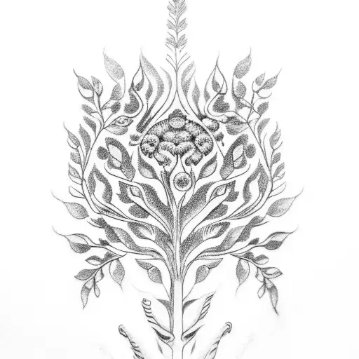 A Dotwork Tattoo Of A Roman Laurel Wreath Surrounding A Tall And Slender Cypress Tree