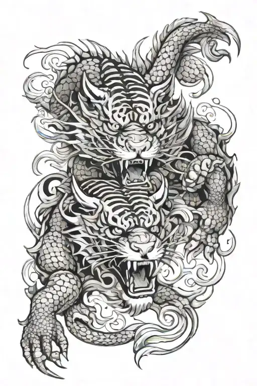 A Fierce Dragon And Tiger Locked In A Battle Of Honor In A Traditional Japanese Setting