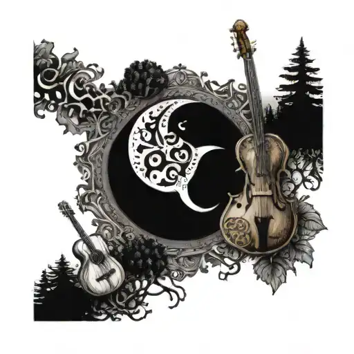 Albanian Symbols Forming A Moon Shape Surrounded By Musical Instruments And Trees