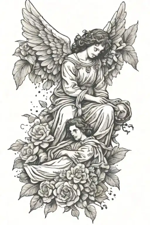 Guardian Angel Man Near A Girl Lying On The Grave Flowers