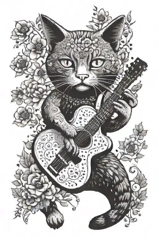 An Intricate Design Of A Cat Playing A Guitar Surrounded By A Field Of Flowers