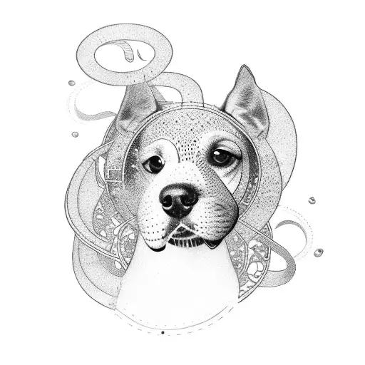 A Dotwork Tattoo Of A Dog And A Woman Walking On A Winding Path