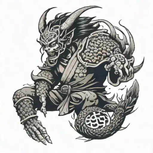 Dotwork Tattoo Of Netzuko Surrounded By Traditional Japanese Demon Slayer Symbols