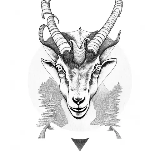 Satanic Goat With Psychedelic Mushrooms And Pine Trees