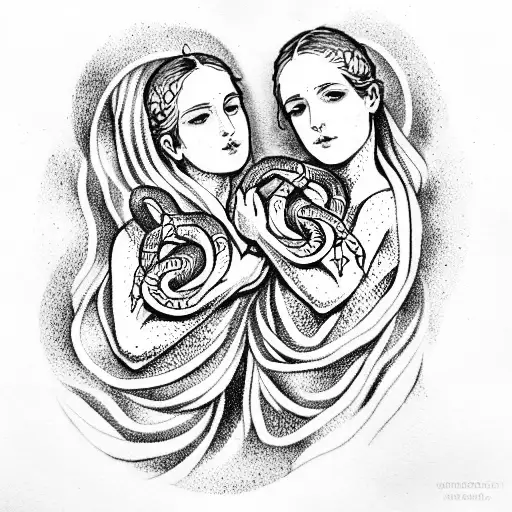 Two Ancient Greek Twins Holding A Snake In Their Hands