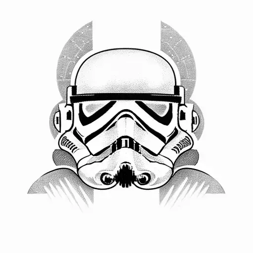 A Stormtrooper Riding A Tie Interceptor With Star Wars Scenes Dotwork Tattooed On Their Armor