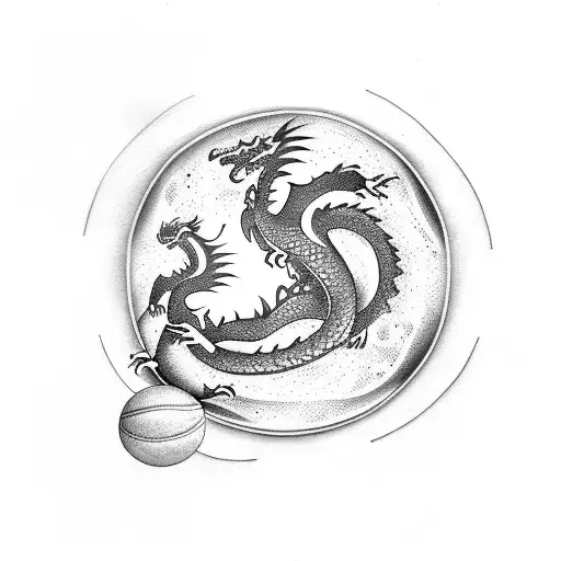Dragon Playing Basketball In A Ying-yang-shaped Court