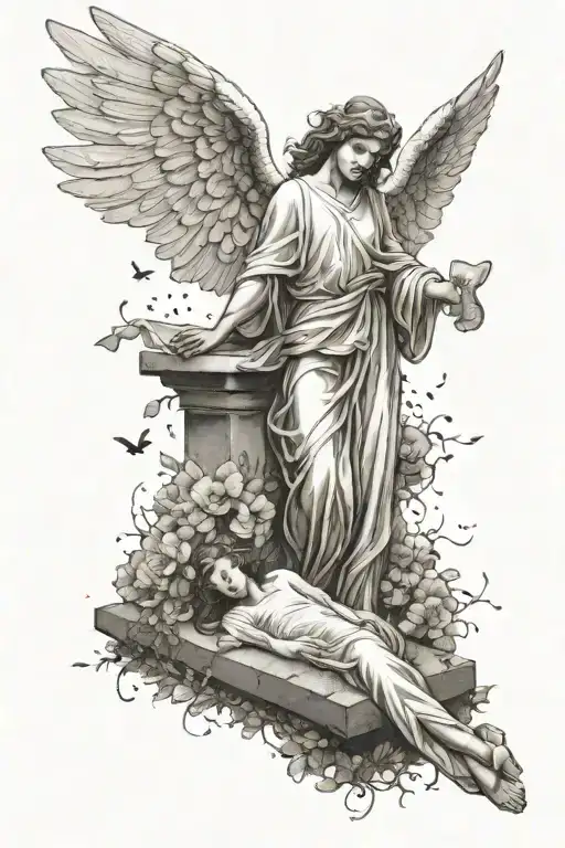 Guardian Angel Man Near A Girl Lying On The Grave
