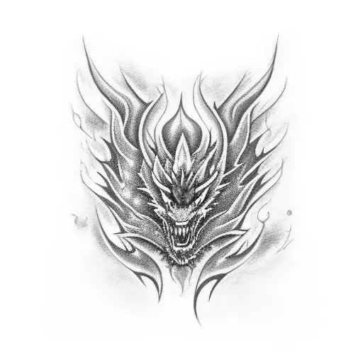 Blue Dragon Tattoo Red Flower Flame And Grey Smoke Background With Thunder