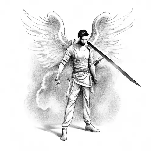 Male Angel Holding A Sword With Clouds