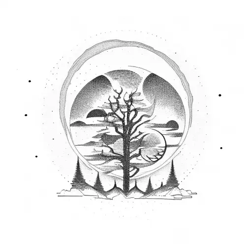 Mountain With Moon In The Top Right Corner And A Tree In The Bottom Left