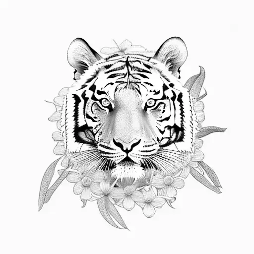 Tiger In A Feild Surrounded By Lilies And Daisies