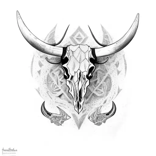 A Bull Skull Adorned With Intricate Hunting Symbols