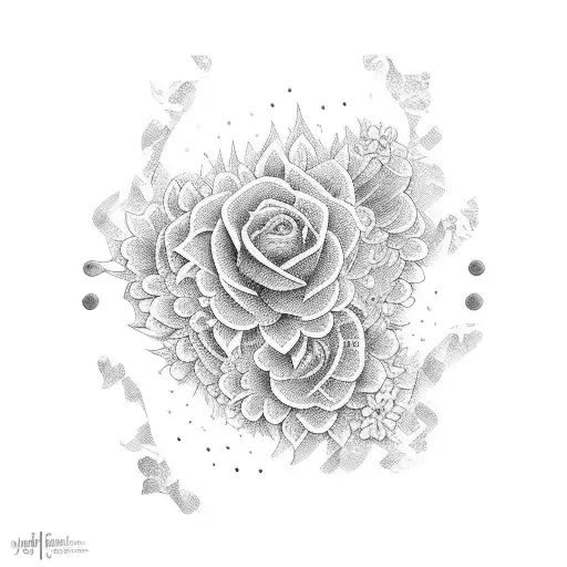 A Dotwork Design Of Mac Miller's Album Covers Arranged In A Floral Pattern