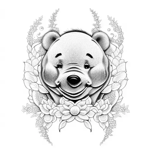 An Intricate Dotwork Design Featuring Pooh Sitting Under A Blooming Rose Bush