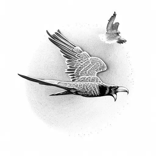Engraving Of A Raven Flying With A Magic Wand In Its Paws