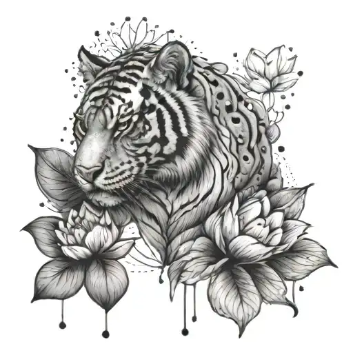 Gey Tiger With Lotus Near