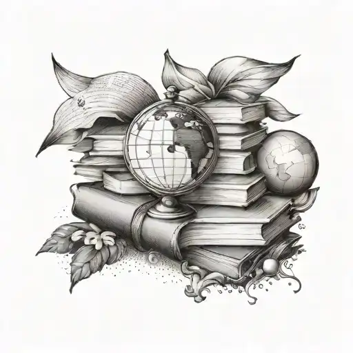 A Tattoo Design Featuring A Stack Of Books With A Globe And A Compass Intertwined In The Design