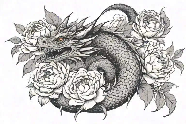 A Dragon Eating Its Tail And Peonies In Buds On The Forearm Around