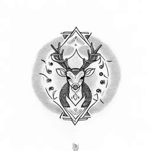 Triple Moon In Black With A Flower Under It And A Tribal Abstract Deer