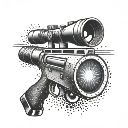 A Dotwork Tattoo Of A Sniper Scope With A Treble Clef Symbol Incorporated Into The Design