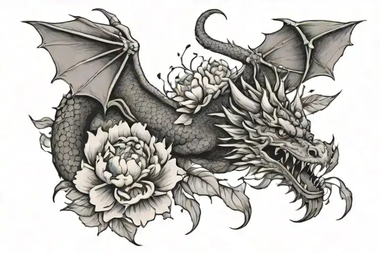 Dragon And Peonies In Graphic Style Around The Forearm