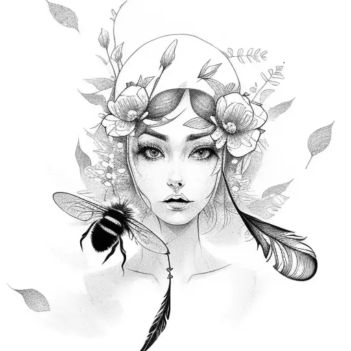 Feather With Flowers And Honey Bee